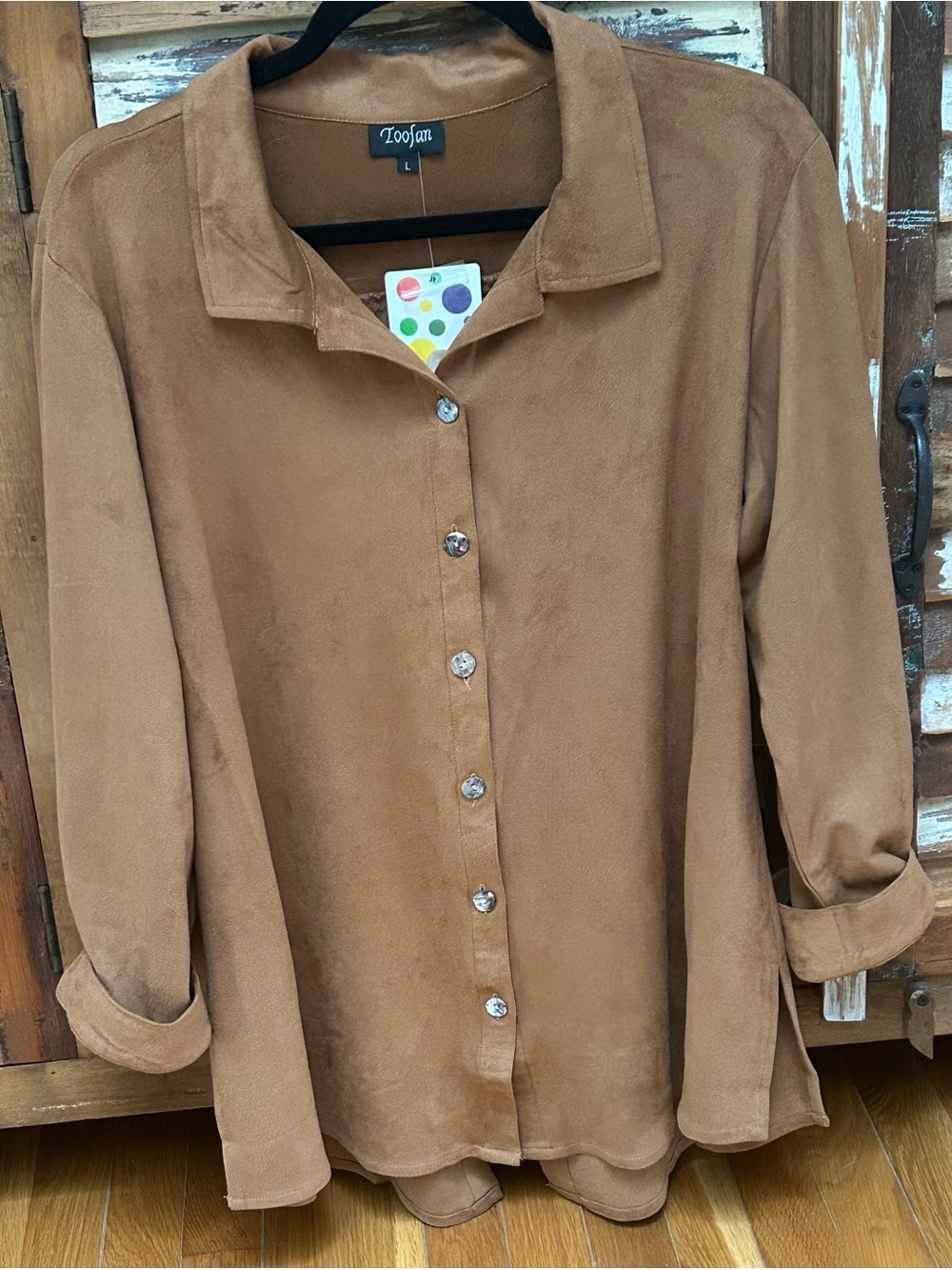 Toofan Women’s Ultrasuede Button Down Shirt in Camel